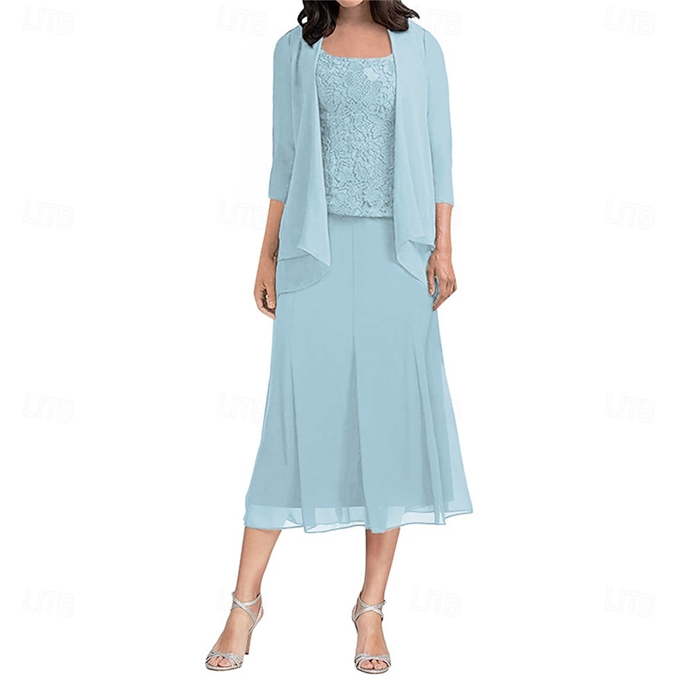 Ensembles de Robes Robe de Mère de Mariée  Élégant Simple Col carré Longueur thé Polyester Manche 3/4 avec Couleur Unie 2025 de 2025 ? $129.99 –P8