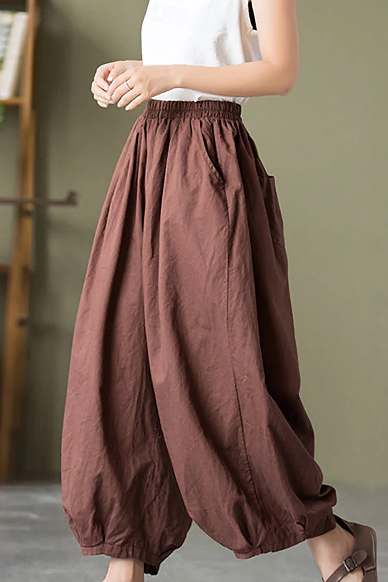 Per donna Pantaloni in cotone e lino Culotte Moda Streetwear Lunghezza intera Naturale Semplice Tasca Elastico in vita Comodo All'aperto Confortevole Vacanza Weekend Marrone rossastro Nero Verde del 2025 a $32.99 –P3