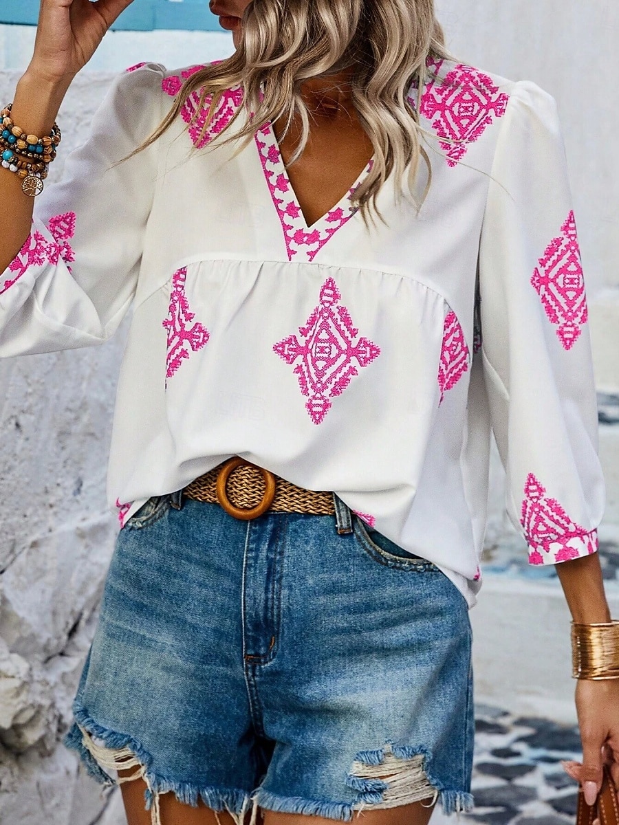Mulheres Blusa Geométrica Boêmia Casual Manga 3/4 Manga Princesa Decote V Tops regulares Diário Imprimir Rosa Azul Marinha Roxo Verde Verão Primavera de 2025 por $22.99 –P4