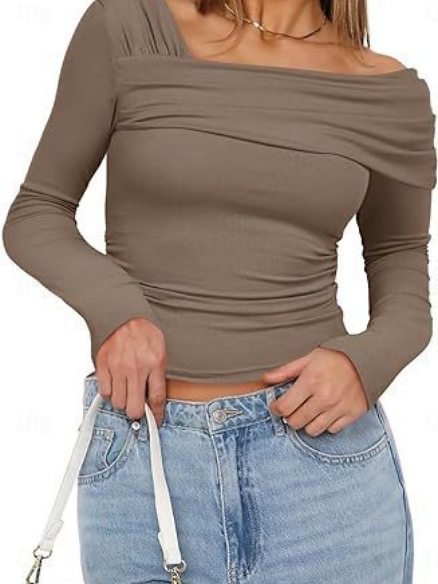 Women's Blouse Plain Modern Y2K Long Sleeve V Neck Regular Tops Daily Holiday Ruched Black White Pink Camel Brown Summer 2025 - $12.49 –P17