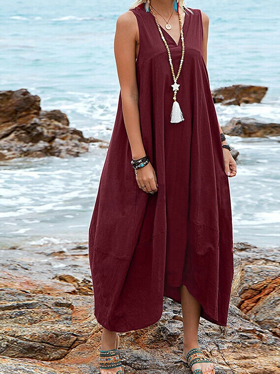 Per donna Abito Midi Abito in cotone e lino Essenziale Casual Vacanza Quotidiano Vestibilità regolare Semplice Senza Maniche Scollo a V Nero Vino Cachi Estate del 2025 a $32.99 –P5