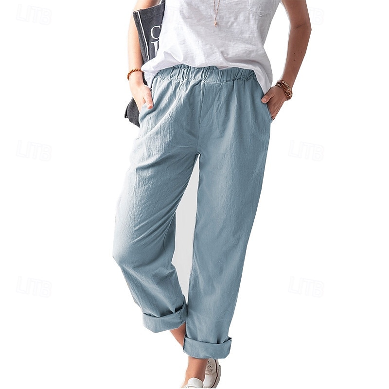 Per donna Pantaloni in cotone e lino Pantaloni Eleganti Casual Lunghezza intera Naturale Semplice Tasca Elastico in vita All'aperto Confortevole Streetwear Uscire Magenta azzurro cielo Grigio Nero del 2025 a $24.99 –P4
