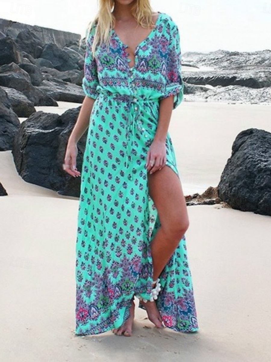 Women's Maxi Dress A Line Dress Casual Party Beach Regular Fit Graphic 3/4 Length Sleeve V Neck Pink Blue Green Summer Spring 2025 - $24.99 –P5