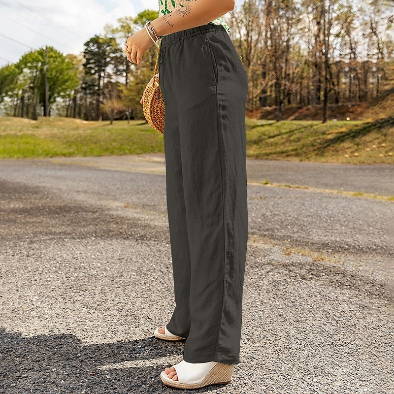 Mulheres Calças de linho de algodão Calças Roupa de rua Casual Comprimento total Natural Tecido Design de cordão elástico Confortável Exterior Roupa Diária Final de semana Preto Azul Marinho Escuro de 2025 por $25.99 –P10