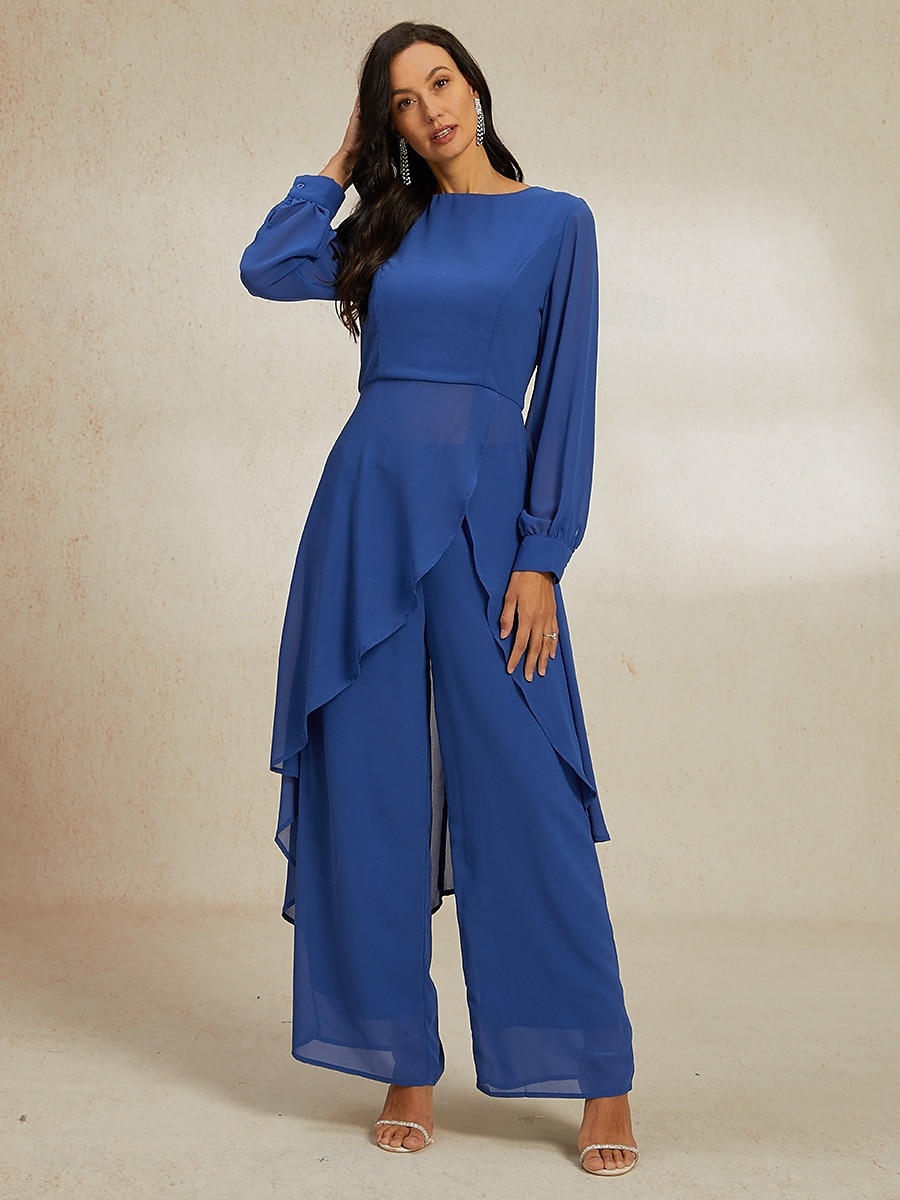 női esküvői vendég jumpsuit elegáns sötétkék hosszú áttetsző ujjú széles láb elegáns esti parti viselet kerek nyakkivágás tavasz nyár ősz 2025 - $55.99 –P1