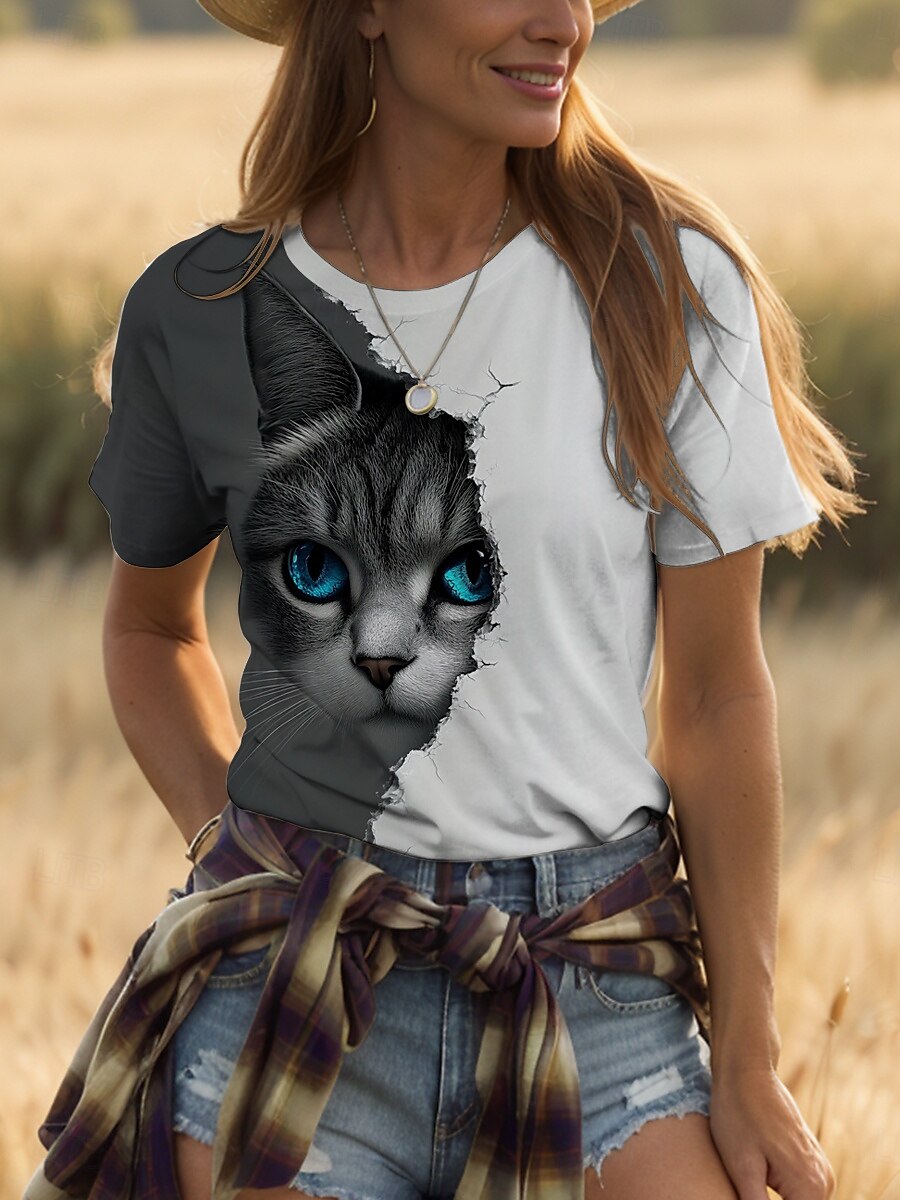 Dame T skjorte Grafisk Dyr Katt Årgang Stilfull Klassisk Kortermet Crew-hals Rund hals Vanlige topper Daglig Helg Trykt mønster Hvit og grå Sommer Vår 2025 - $19.99 –P4