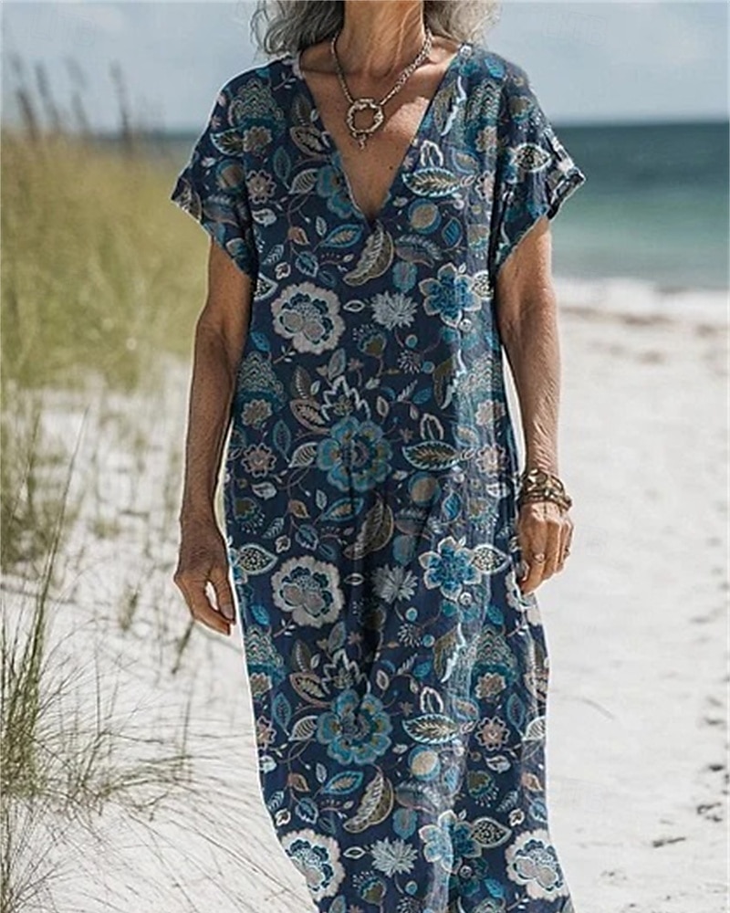 Femmes Robe Longue Maxi Robe Robes en coton et lin Robe Décontractée Robe bohème Robe occidentale Mode Extérieur Soirée Fête Coupe régulière Fleur Manche Courte Col en V Noir Bleu Violet Marron Été de 2025 ? $32.99 –P2