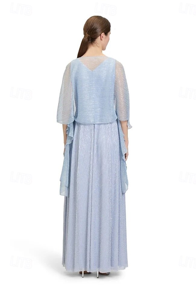 Metallic Lurex Chiffon A-Linie Mutter der Braut Kleid elegantes einfach minimalistisches V-Ausschnitt bodenlang halbärmel mit Rüschendetails 2025 - $163.99 –P4