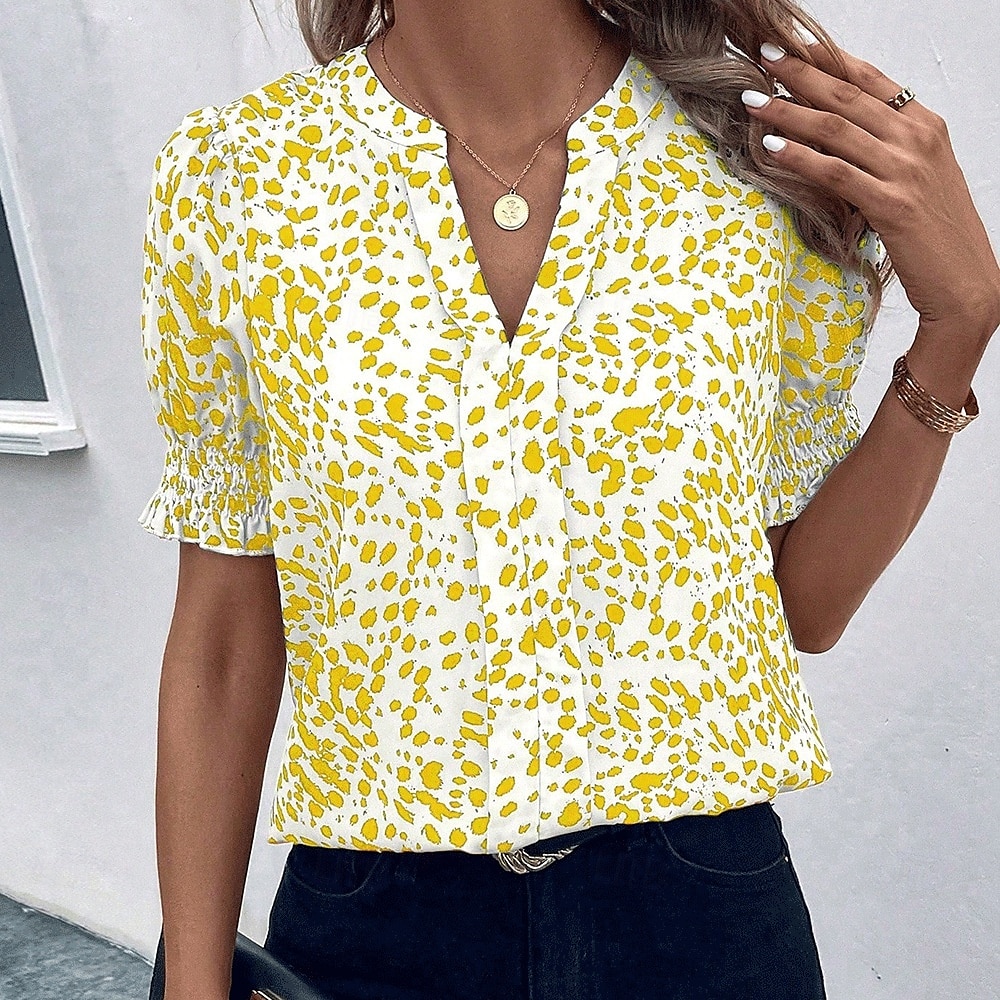 Kvinners Bluse Grafisk Prikkete Elegant Casual Korte Ermer V-Hals Vanlige Topper Daglig Ferie Svart Gul Rosa Blå Beige Sommer 2025 - $19.99 –P5