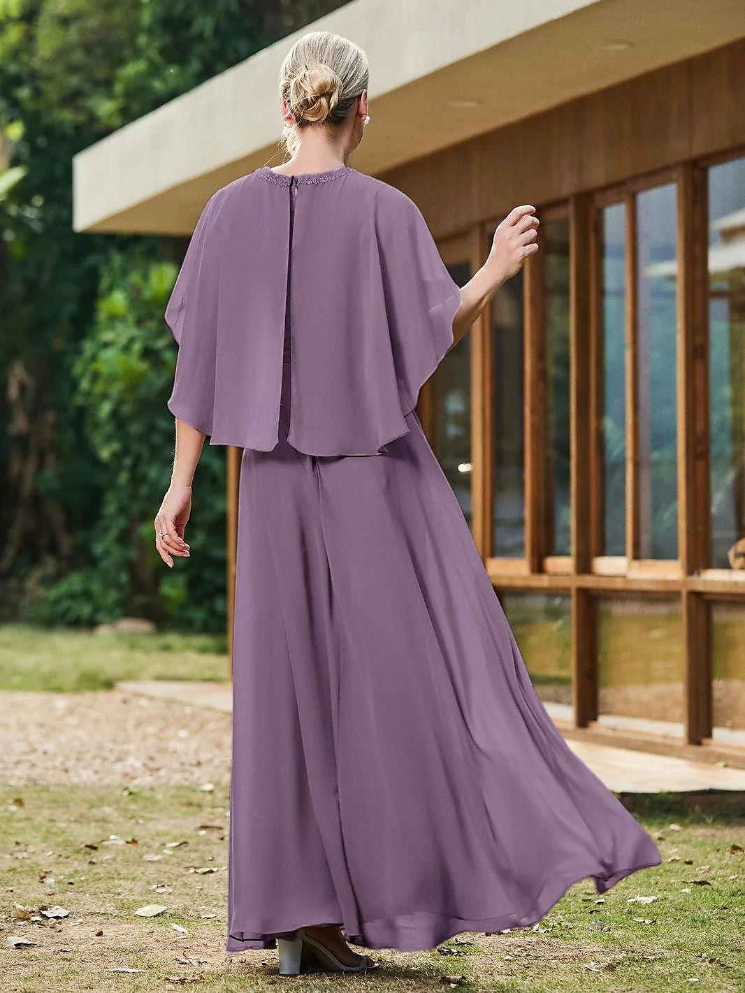 Cape Dress A-Line Mother of the Bride Dress Elegant Simple Wedding Guest Dress Minimalist Crew Neck Floor Length Chiffon Beaded Lace Short Sleeve with Lace Beading 2025 - $148.99 –P2
