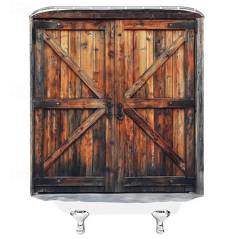 Zuhanyfüggöny 12 kampóval 180cm*180cm (70"*70") poliészter gépben mosható vízálló vintage hamis ajtó pajta minta 2025 - $19.99 –P11