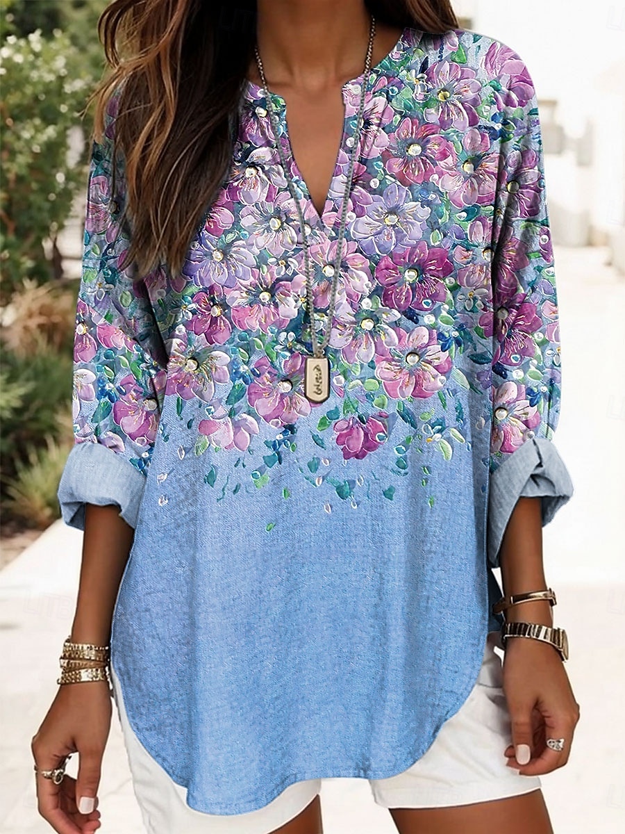Blusa boho da donna floreale grafica elegante stilosa maniche lunghe collo a V top regolari quotidiani stampa blu viola verde estate primavera del 2025 a $24.99 –P1