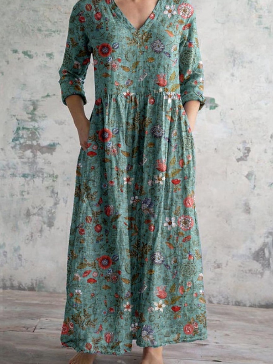 Damen Langes Kleid Maxikleid Freizeitkleid Sommerkleid Boho-Kleid Mode Urlaub Täglich Wochenende Normale Passform Blumen Langarm V Ausschnitt wasserblau Blau Dunkelgrün Braun Sommer 2025 - $22.99 –P1