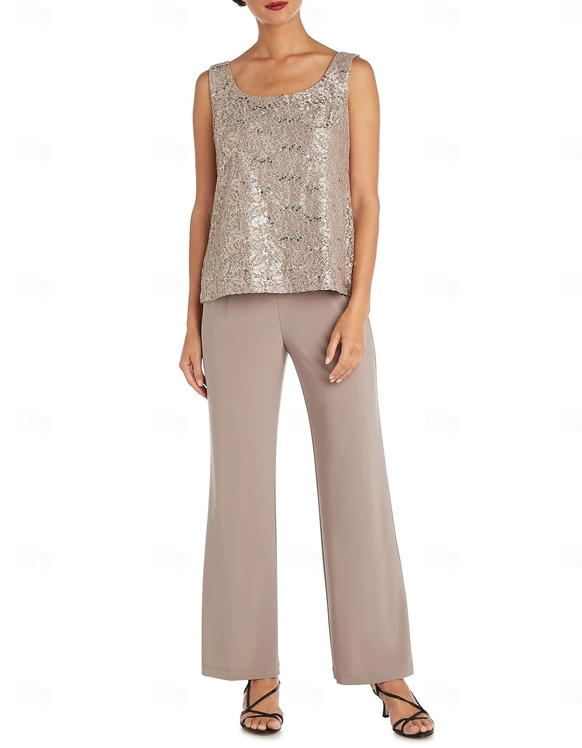 Macacão Vestido Para Mãe dos Noivos Convidado do casamento Igreja Elegante Vintage Gola Redonda Longo Chiffon Renda Manga Longa com Lantejoulas Bordado 2025 de 2025 por $158.99 –P6