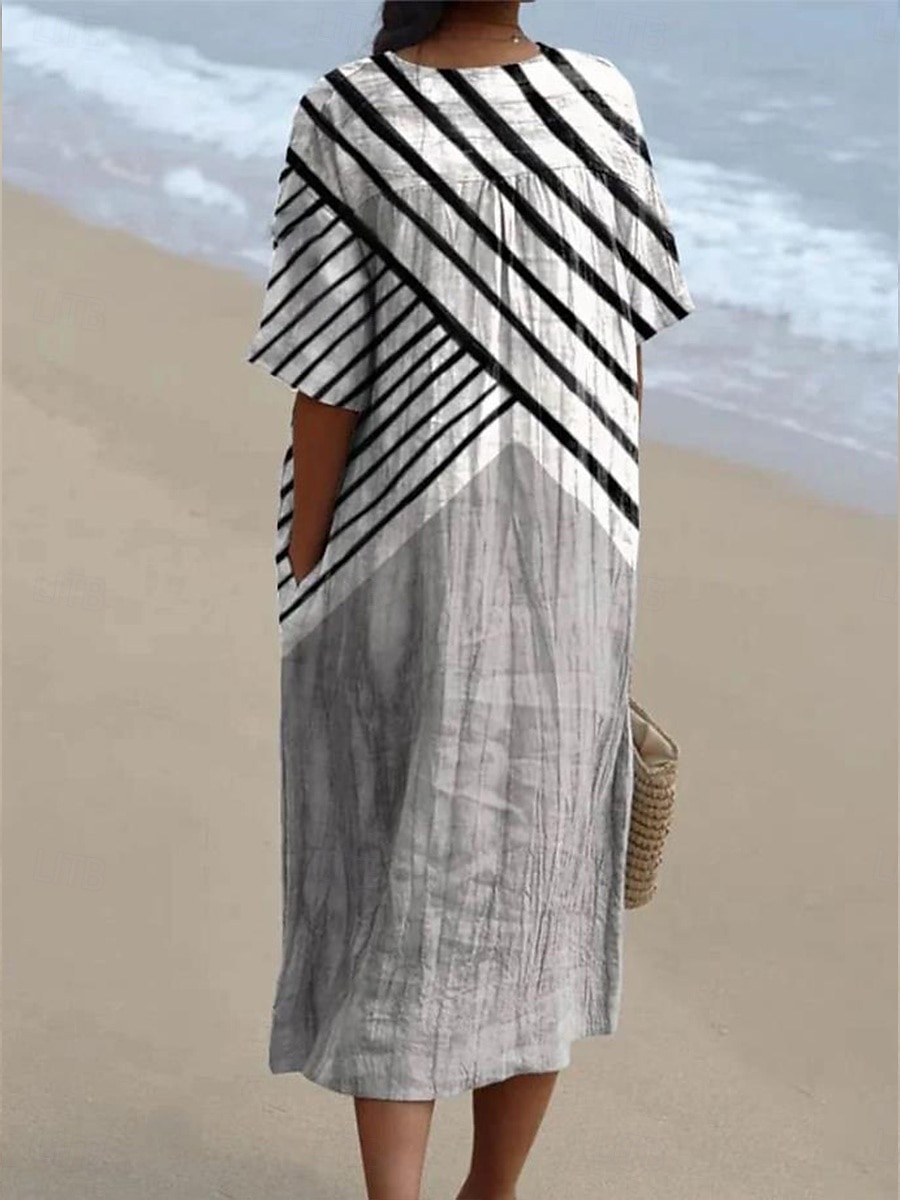 Dame Midikjole Solkjole Kjole med A-linje Ferie Fritid Strandstil Fest Ut på byen Strand Løstsittende Grafisk Geometrisk Kortermet V-hals Hvit+Svart Mørkebrun Aske Sommer Vår 2025 - $37.99 –P4