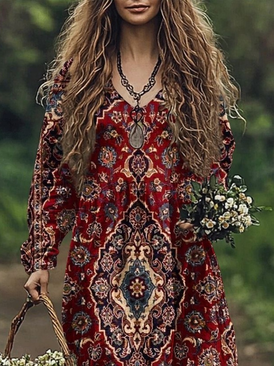 Damen Maxikleid A Linie Kleid Sommerkleid Lässig Boho Täglich Normale Passform Blumen Grafik Paisley-Muster Langarm Einkerbiger Ausschnitt Wein Blau Purpur Fuchsie Sommer 2025 - $31.99 –P2