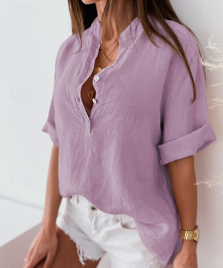Mujer Camisa Color sólido Plano Bohemia Diario Elegante Manga 3/4 Cuello Alto Tops regulares Diario Festivos Noche Botones Negro Rosa Azul Piscina Morado Verde Trébol Verano Primavera 2025 - $17.99 –P6