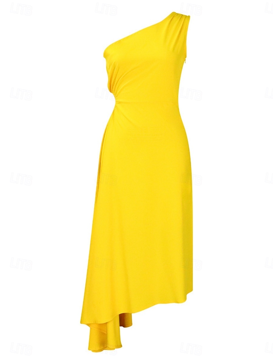 Robe Maxi Femme Robe A Ligne Couleur Unie Robes de Travail Robe Off The Shoulder Formelle Fête de Travail Coupe Régulière Simple Une Épaule Jaune Rouge Vert Été Printemps de 2025 ? $39.99 –P13