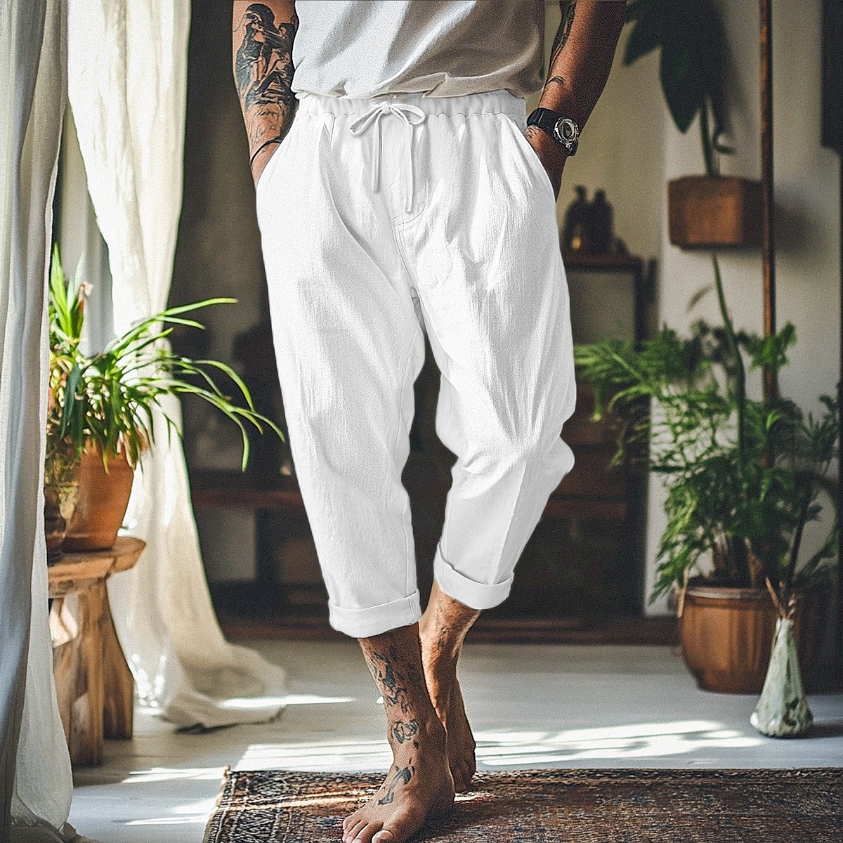 Men's Linen Pants Trousers Summer Pants Baggy Pants Beach Pants Front Pocket Pleats Straight Leg Plain Comfort Breathable Full Length Outdoor Vacation Party Vacation Fashion Loose Fit Black White 2025 - $22.99 –P3