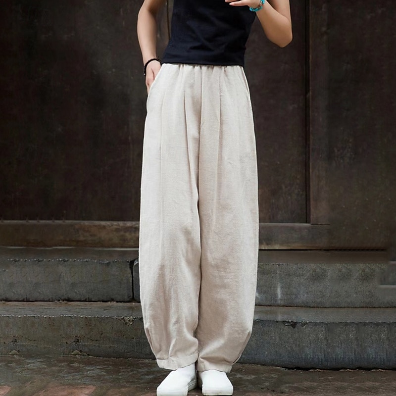Mujer Pantalones de lino y algodón pantalones Ropa de calle Casual Longitud total Cintura Media Plano Bolsillo Cintura elástica Confortable Cómodo Diario Fin de semana Albaricoque Negro Azul Marino 2025 - $22.99 –P3