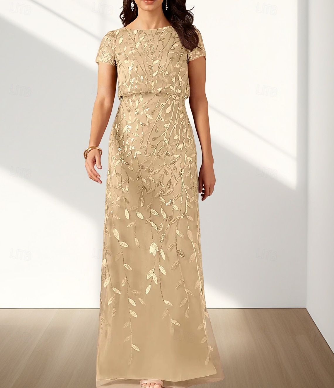 Rochie A-line pentru mama mirilor invitat la nuntă elegantă cu guler rotund lungime la podea dantelă mânecă scurtă cu detalii din dantelă 2025 - $169.99 –P4