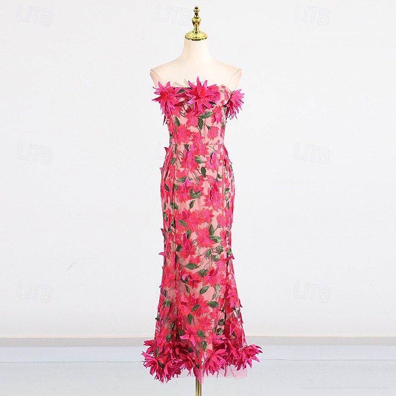 Robes Fourreau  Colonne Robe Rose Fuchsia Invité de Mariage Robe de Cocktail Sans Manches Sans Épaule Fleurs avec Dentelle Brodée de 2025 ? $149.99 –P3