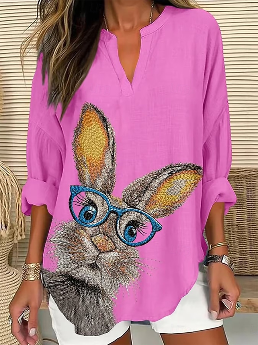 Bluzka damska z lnu przewiewna lekka tunika dekolt w serek długi rękaw boho casual graficzny zwierzęcy vintage tropikalna codzienne regularne topy codzienne noszenie nadruk czarna biała niebieska 2026 - $32.99 –P2