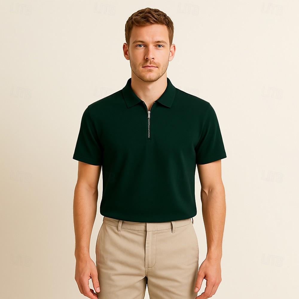 Men's Silk Linen Cotton Business Casual Half Zip Short Sleeve Basic Formal Solid Color Zipper Summer Black Dark Navy Sky Blue Dark Green Gray 2025 - $49.99 –P7