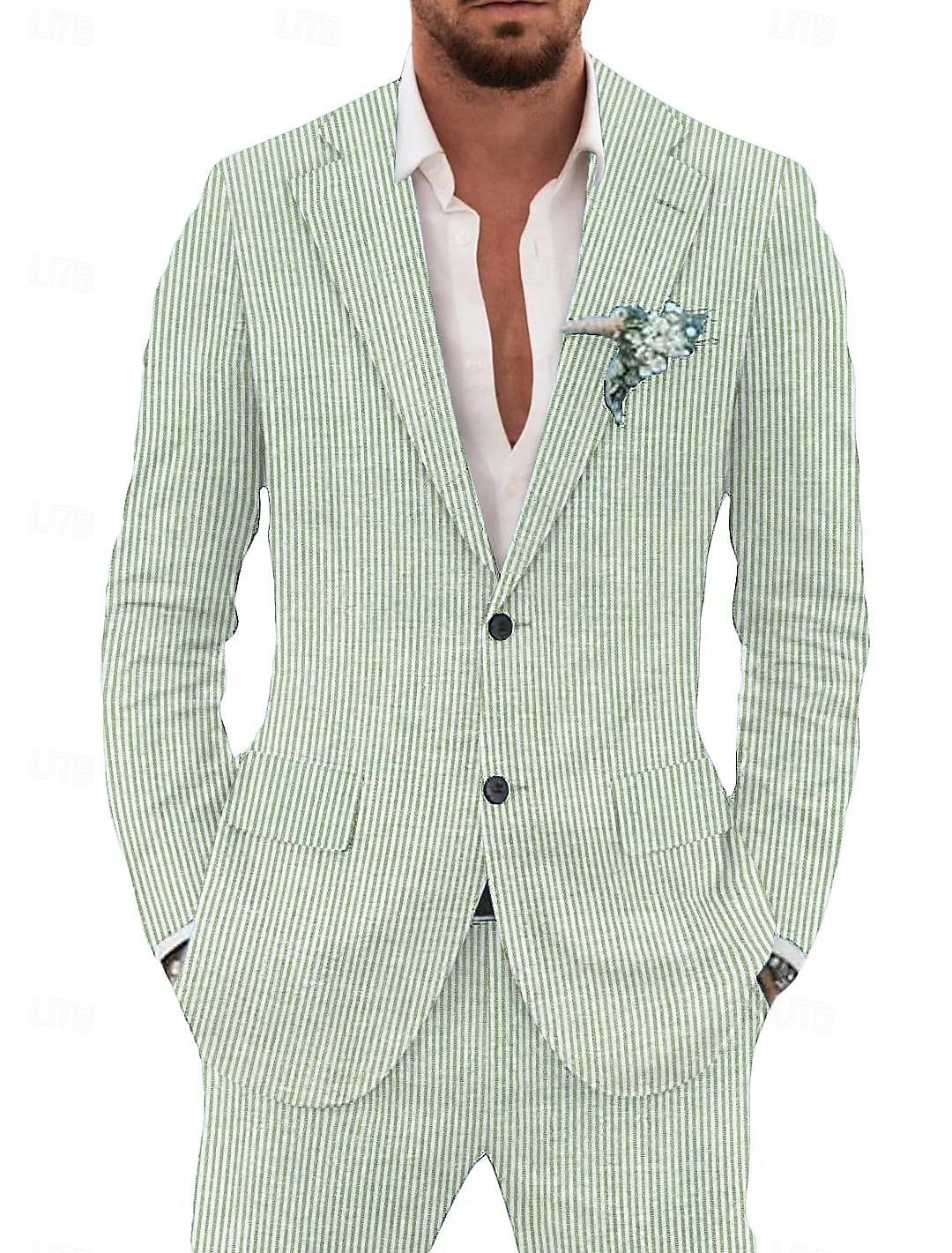 Completi in seersucker per uomo completi casual blu cielo e salvia moda leggeri estivi in tinta unita taglio standard 2 pezzi con un solo bottone del 2025 a $115.99 –P1