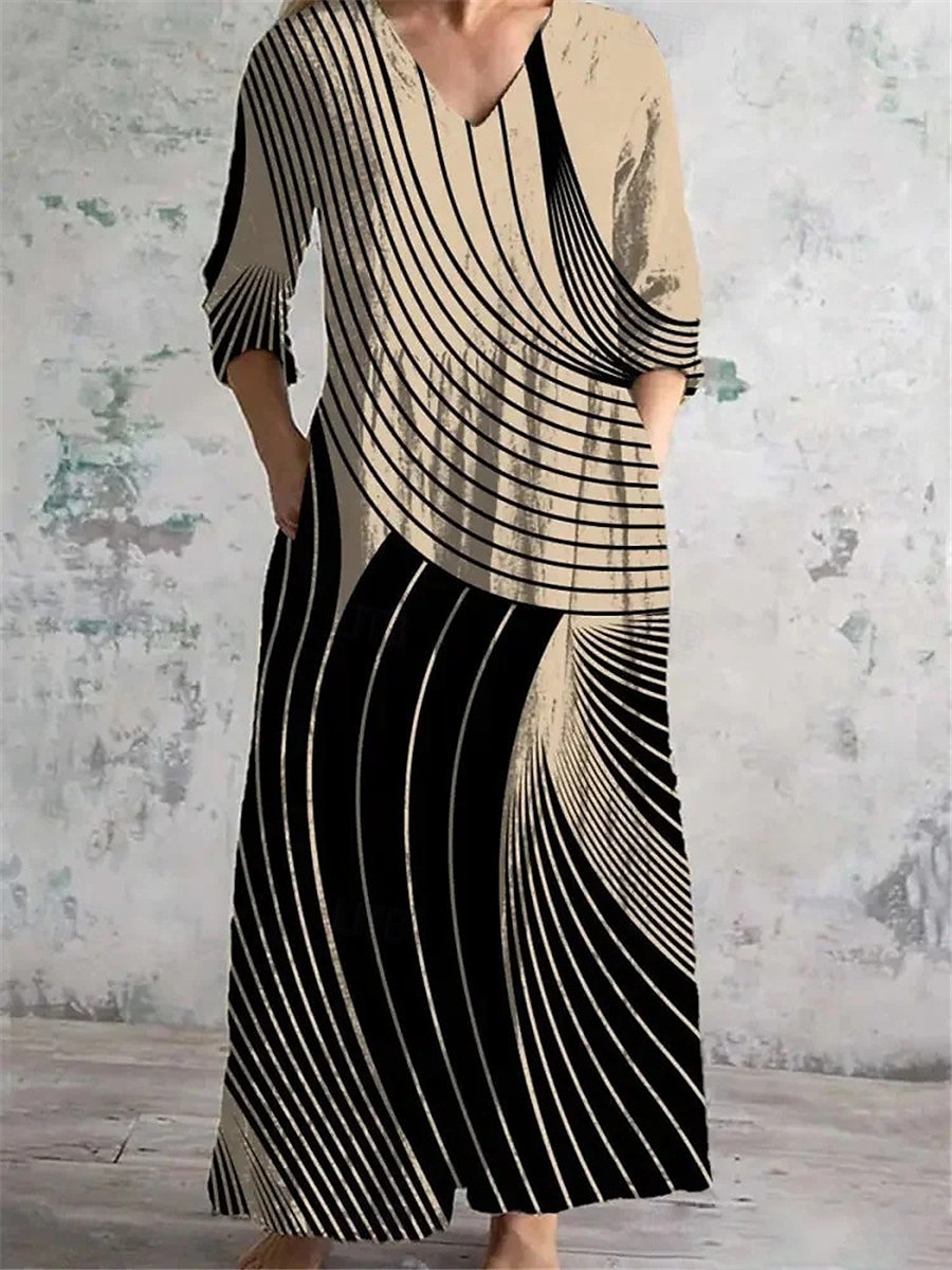 Mujer vestido largo vestido largo Vestido informal Vestido de verano Vestido bohemio Moda Vacaciones Diario Fin de semana Ajuste regular Geométrico Manga Larga Escote en Pico Negro Caqui Albaricoque 2025 - $22.99 –P3