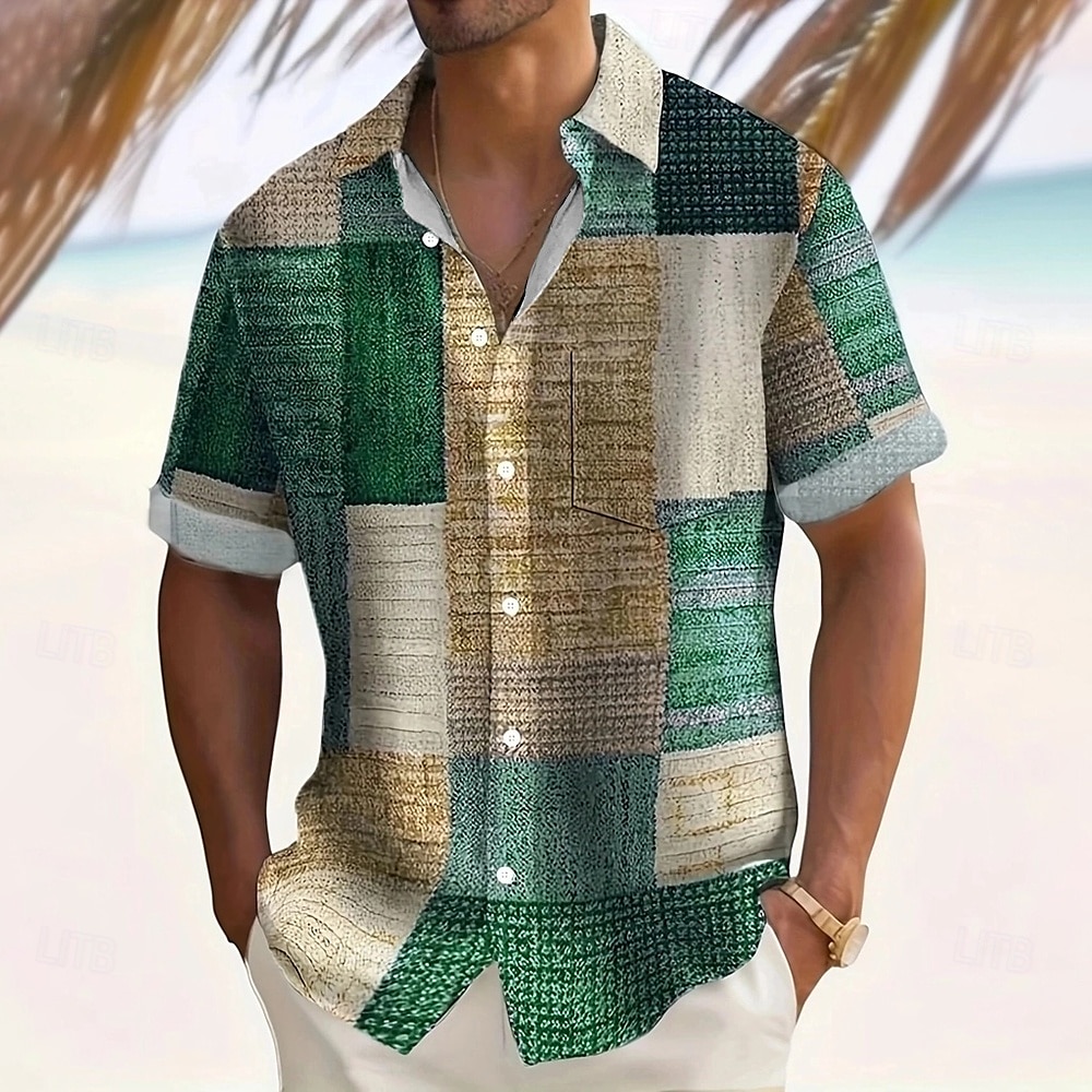 Men's Geometric Color Block Patchwork Shirt Casual Shirt Button Up Shirt Short Sleeve Fashion Casual Vacation Dailywear Holiday Summer Spring Turndown 3D Print Collared Shirts Front One Pocket Blue 2025 - $23.99 –P3