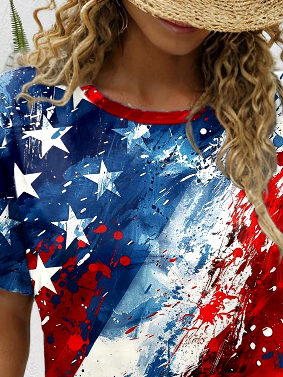 T-shirt patriote pour femmes jour d'indépendance drapeau graphique drapeau vintage tendance classique rouge blanc et bleu manches courtes encolure ronde tops réguliers quotidiens imprime rouge  bleu de 2026 ? $22.99 –P3