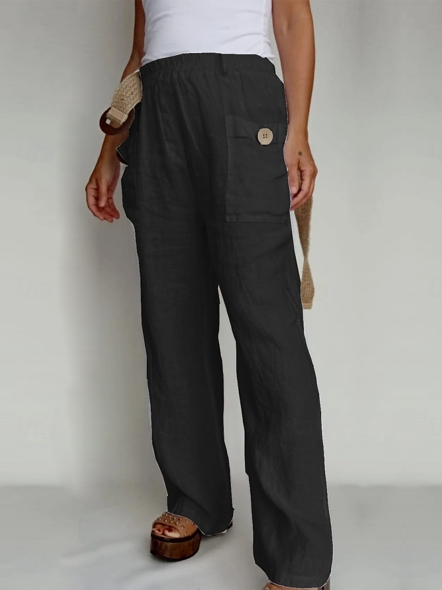 Pantaloni ampi in cotone e lino A tinta unita Chinos Pantaloni baggy Basic Casual Lunghezza intera Vita alta Semplice Pockets Fascia elastica Comfort All'aperto Micro-elastico Vacanze Strada del 2025 a $19.99 –P5