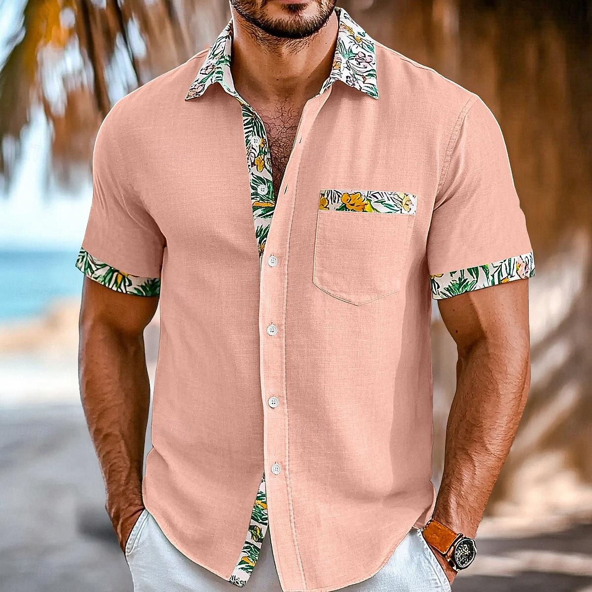 Men's Colorful Floral Short Sleeve Button Up Shirt - Vacation Beach Style