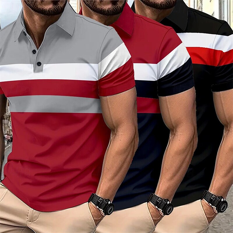 Multipack 3 par Herr Kavajslag Kort ärm Grå + röd + blå Knapp upp Polos Golftröja Golf pikétröjor Lappverk Färgblock Semester Dagliga kläder Polyester Sommar 2025 - $35.99 –P9