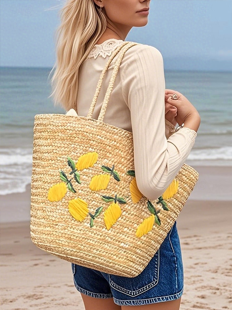 Sac fourre-tout en paille brodé marguerite pour femme - sac fourre-tout de plage d'été avec motif floral, cocotier, citron, style bohème décontracté, adapté aux vacances et à un usage quotidien de 2025 ? $24.99 –P2