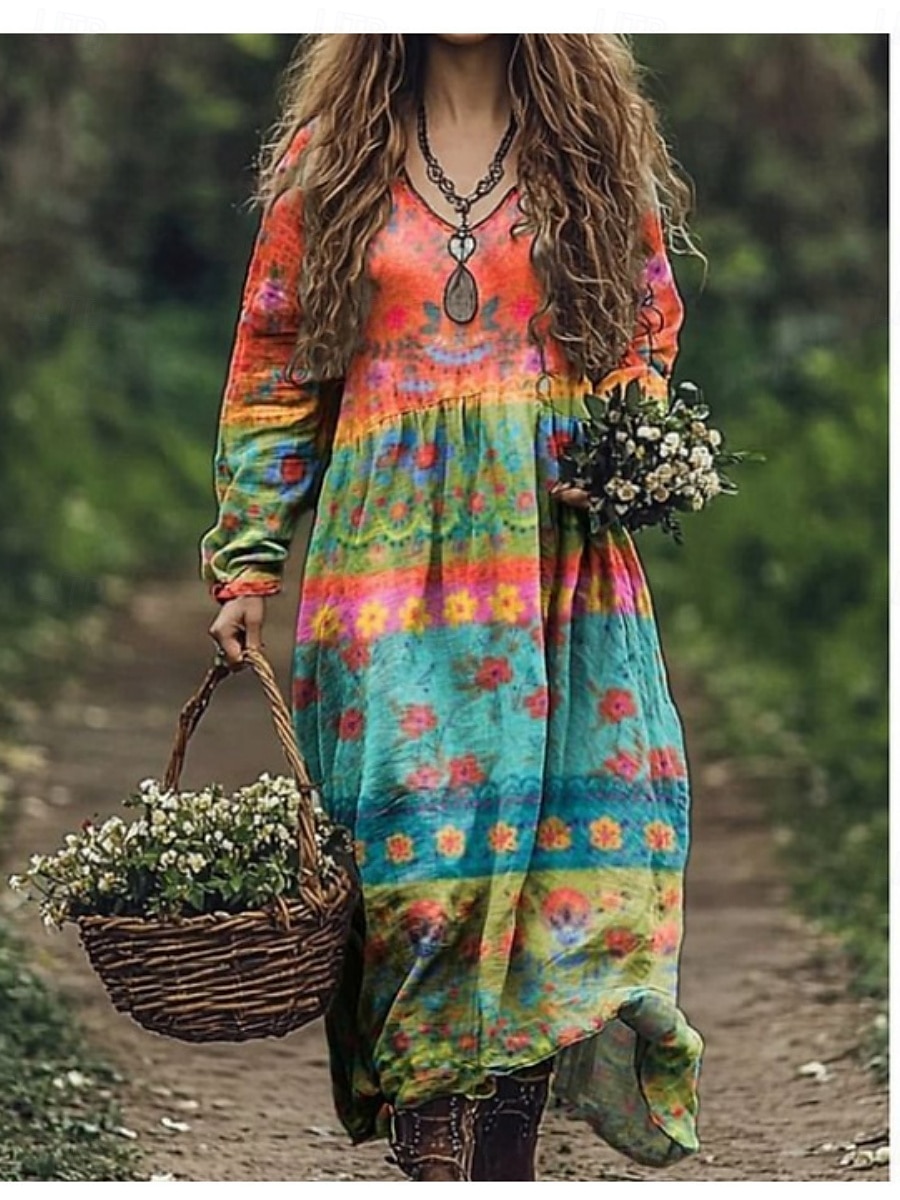 Damskie Długa sukienka sukienka maxi Codzienne sukienki Letnie sukienki Sukienka Boho Plemienny Urlop Codzienny Regularny Kwiaty Długi rękaw W serek Czarny Rumiany róż Burgundowy Niebieski Lato 2025 - $22.99 –P6