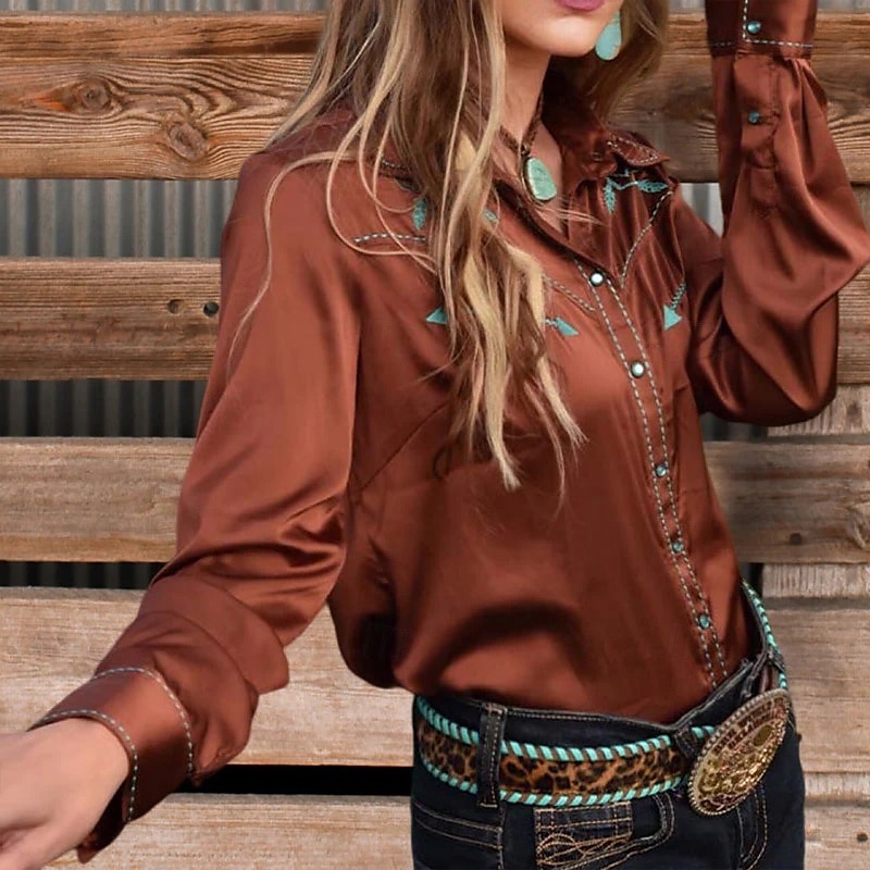 Dame Boho skjorte Bluse Blomsternål i krystall Moderne Fritid Bohem Langermet Skjortekrage Vanlige topper Daglig Ferie Knapper Trykt mønster Brun Sommer 2025 - $25.99 –P1