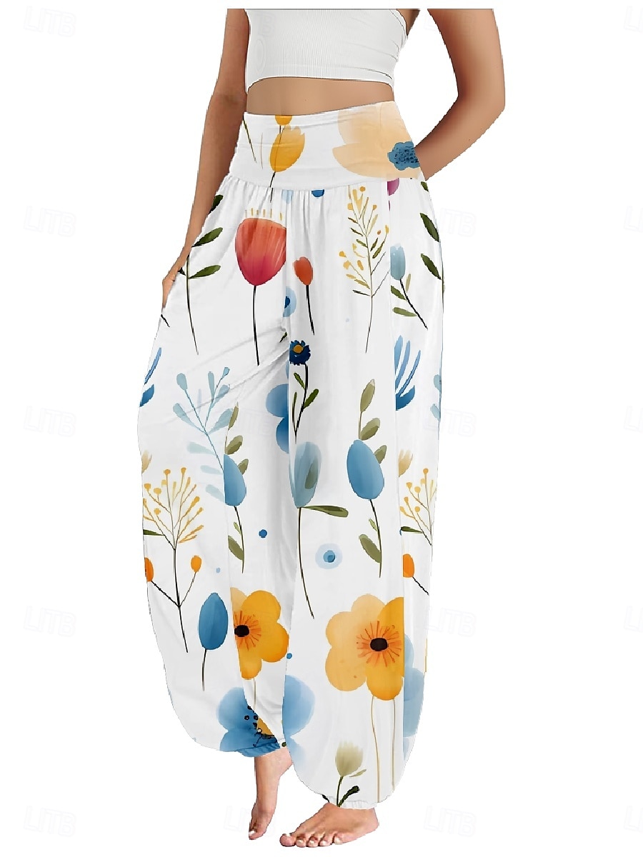 Dame Lin-inspirerte bukser Bred Bukseben Bukser Etnisk stil Fritid Bohem Full lengde Høy Midje Blomstret Blad Tropisk Lomme Elastisk midje Printer Pusteevne Myk Mikroelastisk utendørs Yoga- og 2025 - $20.99 –P12