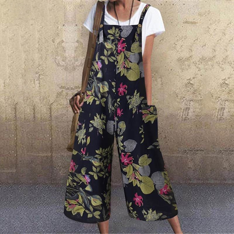 Dámské overaly inspirované lnem, laclové kalhoty, streetwear, květinový střih, bez rukávů, výstřih do U, kapsy, potisk, street, denní, regular střih, žlutá, světle zelená, červená, léto 2025 - $27.99 –P5