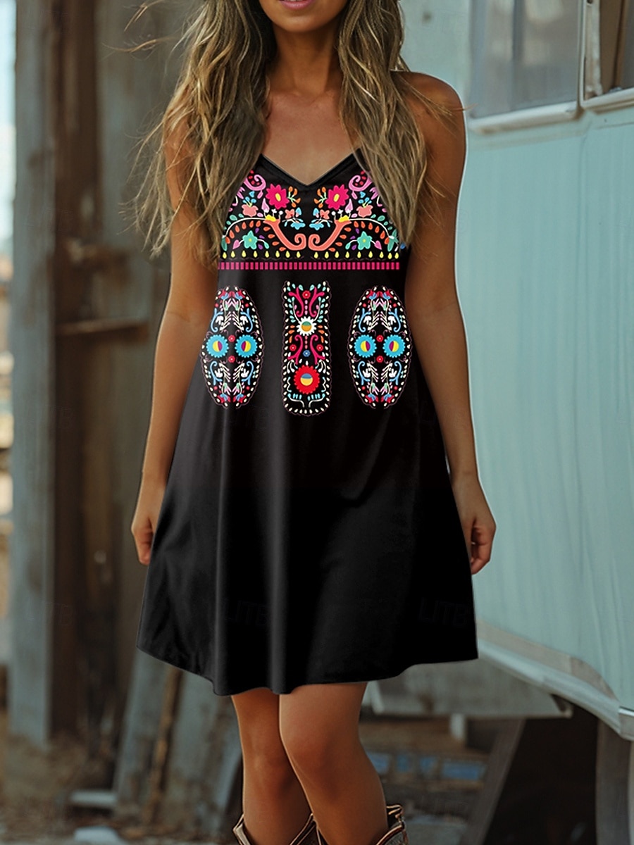 Rochie Boho pentru femei rochie western rochie vintage mini rochie în formă de A rochie de vară rochie tip slip vacanță casual zilnic ajustare normală grafică tribală fără mâneci gât în V negru vară 2025 - $21.99 –P1