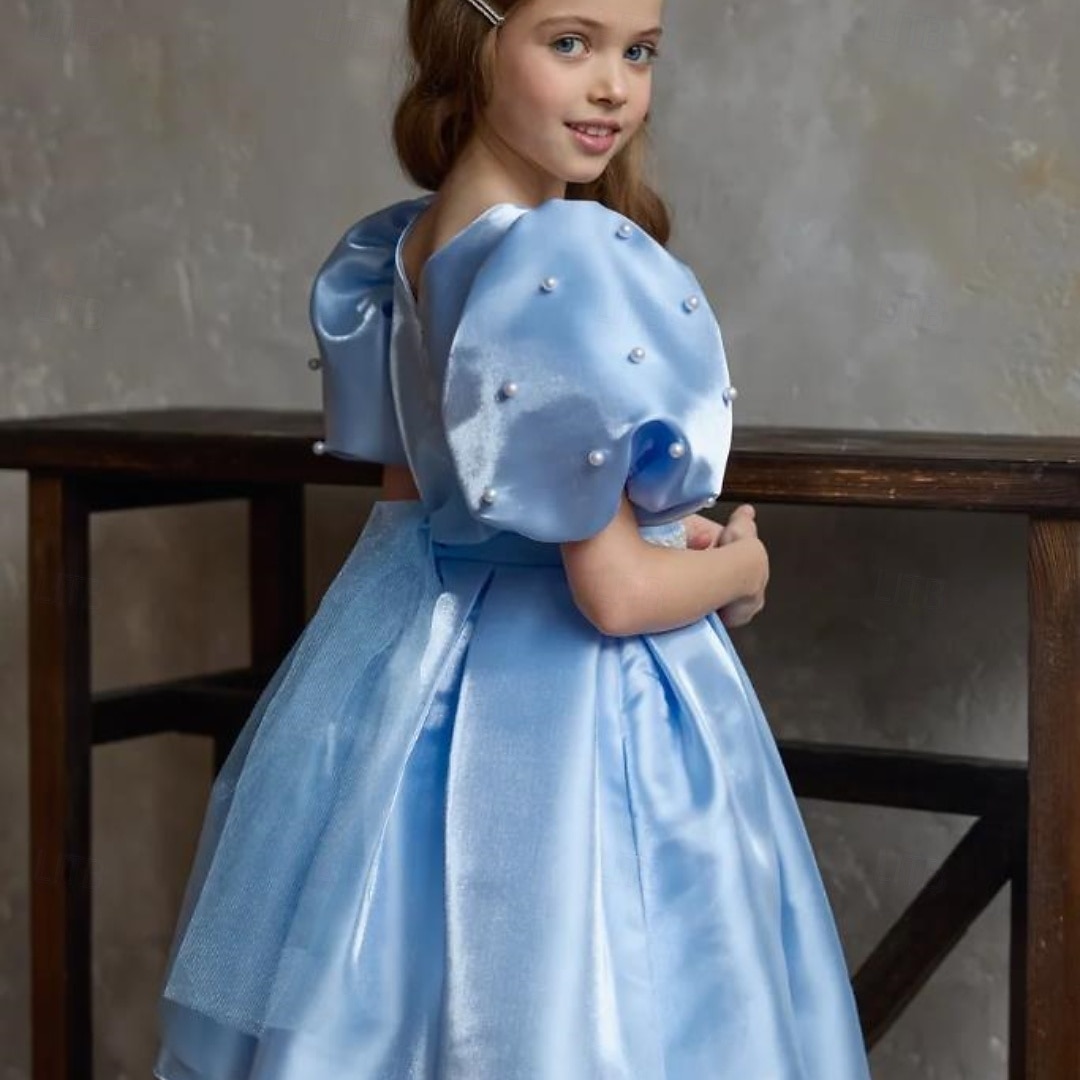 Kids Girls' Dress Party Dress Solid Color Short Sleeve Performance Puff  Sleeve Princess Sweet Satin Knee-length Sheath Dress Summer Spring Fall  kids Sky Blue 2026 - $80.99