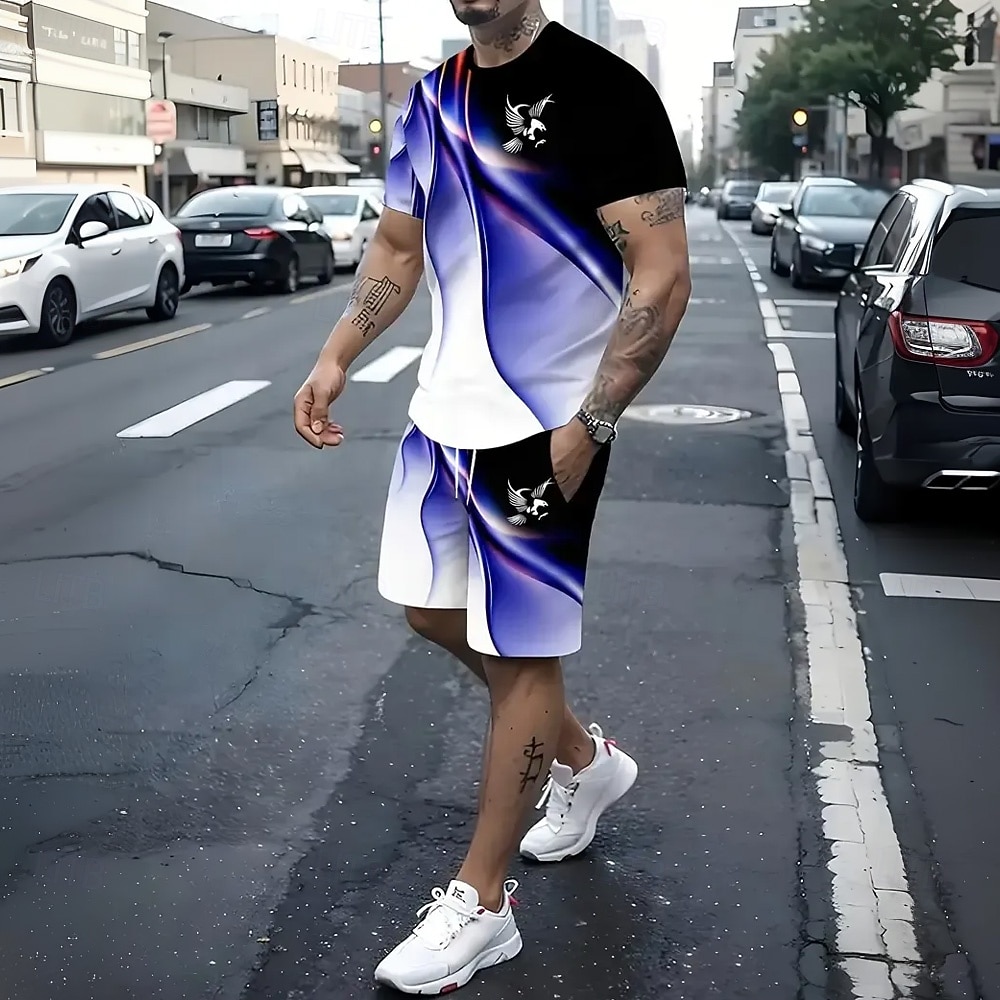 Homens Geométrico Linha 2pcs Conjuntos de camisetas Tops de verão Manga Curta Calças curtas Gola Redonda Desporto Casual Diário Desportos e Ar livre Casual Diário Impressão 3D Verão Azul Preto de 2026 por $25.99 –P1