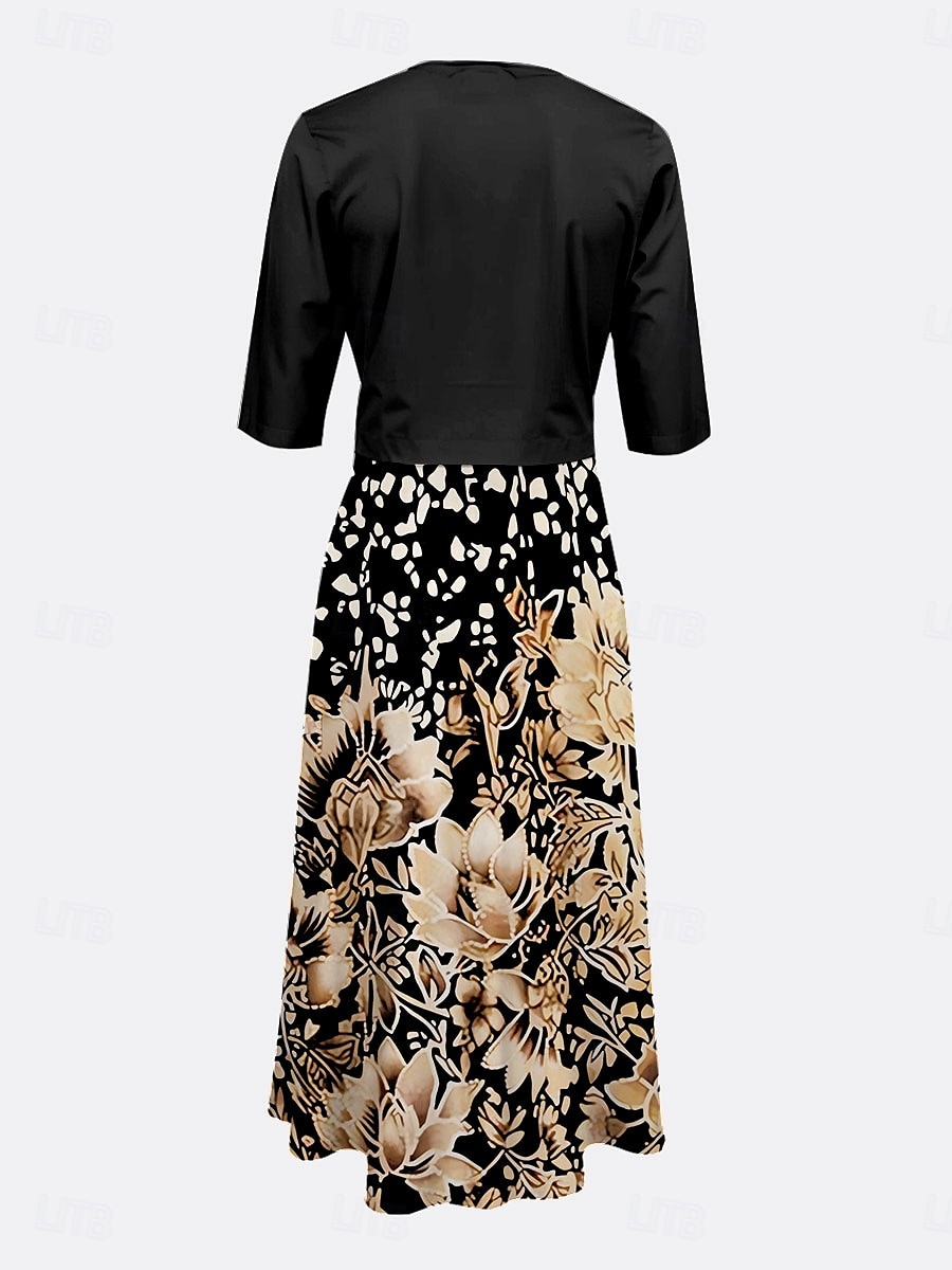 Ensemble de robes femme robe midi robe en A robe d'été robe de fête semi-formelle impression graphique florale à demi-manches en V invité de mariage quotidien or été printemps coupe régulier de 2025 ? $36.99 –P2