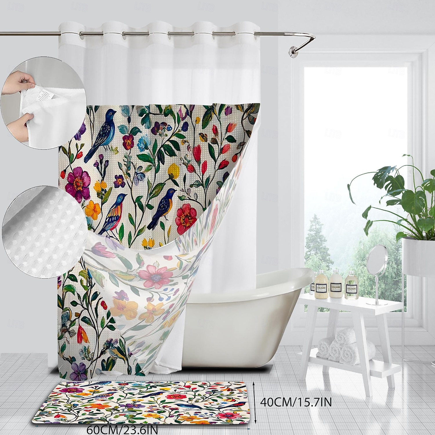 Κουρτίνα Ντους Χωρίς Γάντζους 180cm*180cm(70"*70") με Ενσωματωμένο Κέλυφος Πολυεστέρα Διαφανές Παράθυρο Αδιάβροχη Διπλή Κουρτίνα Μπάνιου με Λουλούδια και Πουλιά 2025 - $41.99 –P7