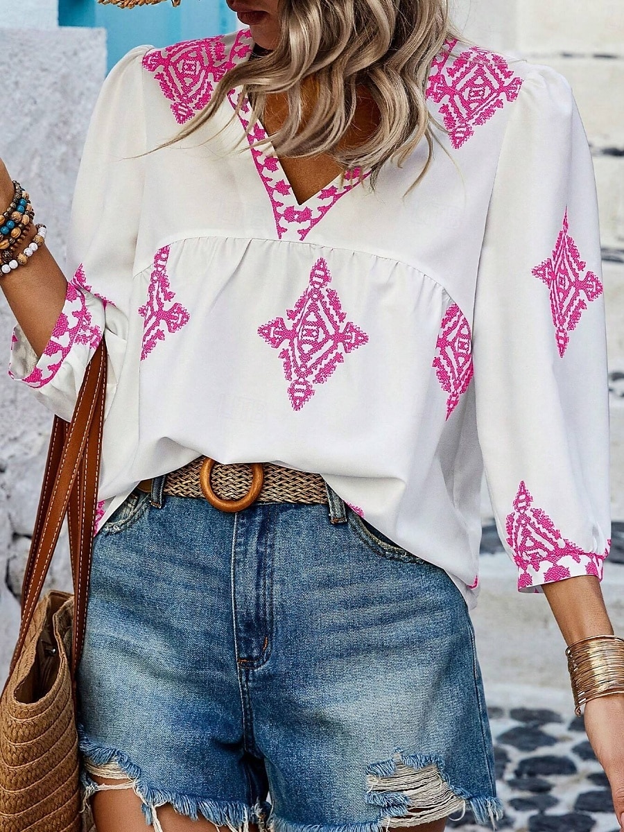 Mulheres Blusa Geométrica Boêmia Casual Manga 3/4 Manga Princesa Decote V Tops regulares Diário Imprimir Rosa Azul Marinha Roxo Verde Verão Primavera de 2025 por $22.99 –P3