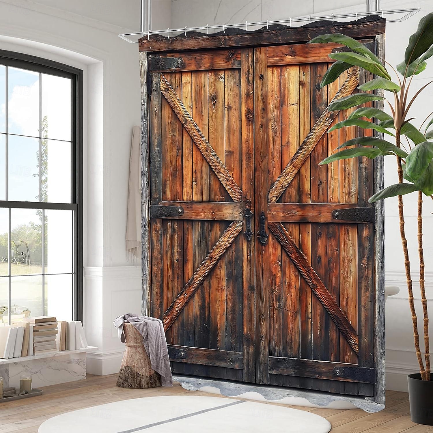 Zuhanyfüggöny 12 kampóval 180cm*180cm (70"*70") poliészter gépben mosható vízálló vintage hamis ajtó pajta minta 2025 - $19.99 –P3