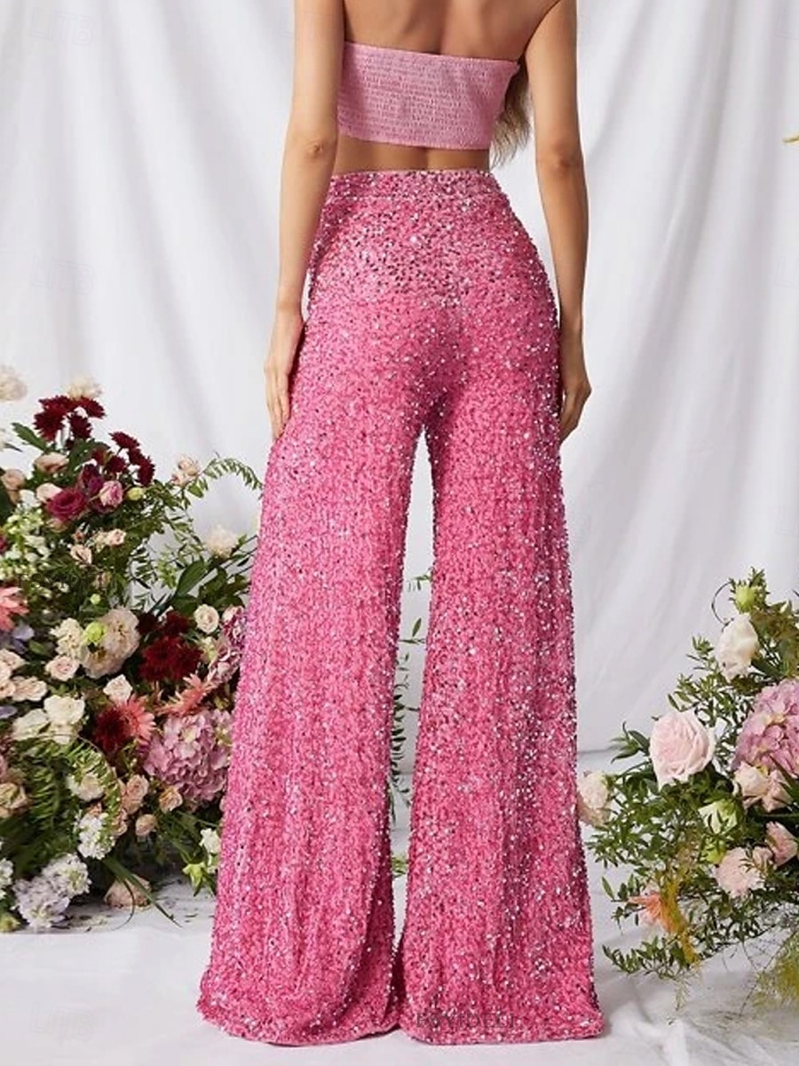 Pantalons Baggy en Coton Lin Femme Chino à Jambes Larges Mode Streetwear Longueur Complète Taille Haute Uni Sequins Confort Doux Agréable Micro-élastique Extérieur Soirée Rue Noir Rose Rouge Été de 2025 ? $39.99 –P5