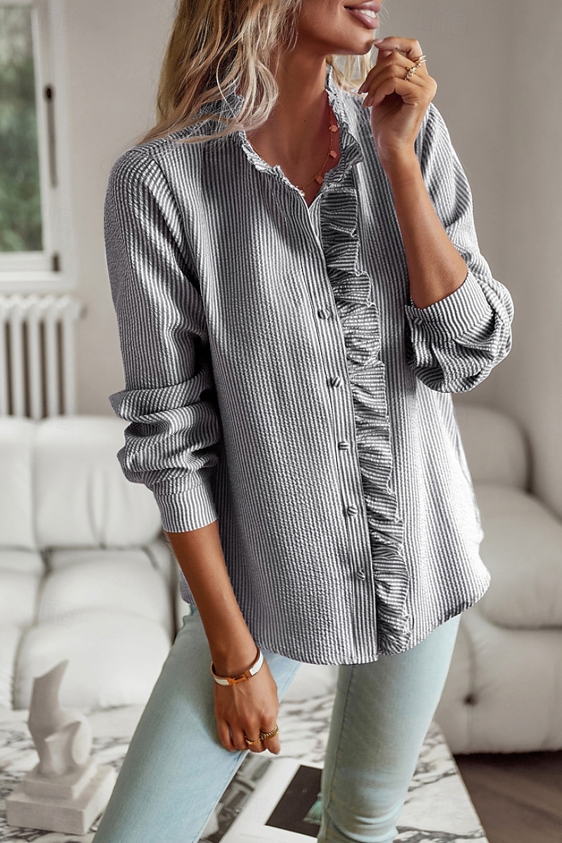 Per donna Camicia Camicia in cotone e lino Blusa Semplice Moderno Casual Manica Lunga Collo Alto Top Regolari Quotidiano Uscire Bottoni Nero Bianco Rosa Blu Estate del 2025 a $23.99 –P17