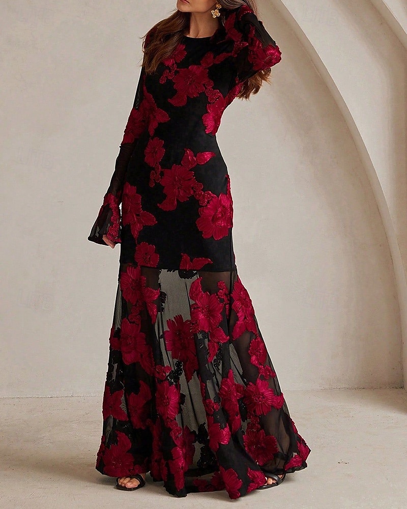 Floral Lace Applique A-Line Evening Gown Elegant Dress Semi Formal Wedding Guest Dress Floor Length Flared Long Sleeve Crew Neck 2025 - $158.99 –P4